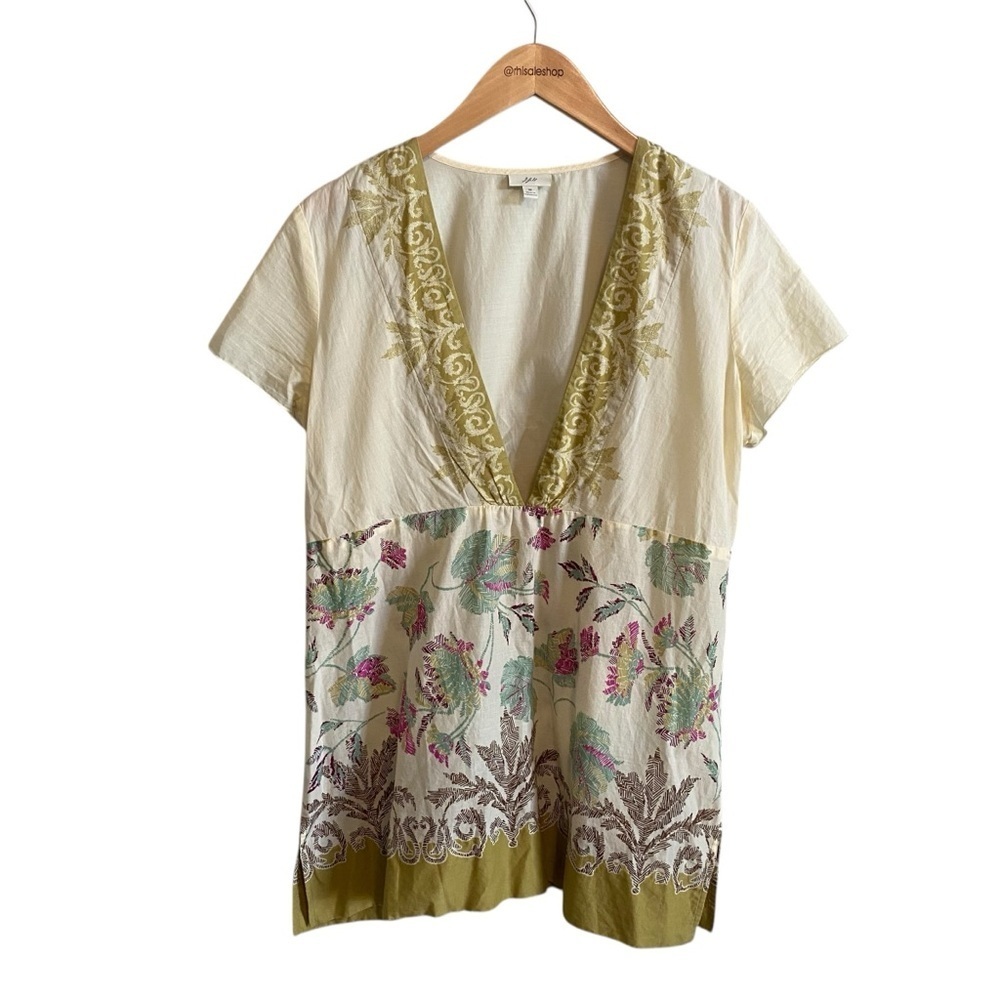J.Jill Neutral Cotton Deep V Earthy Short Sleeve Ethereal Blouse Size Medium